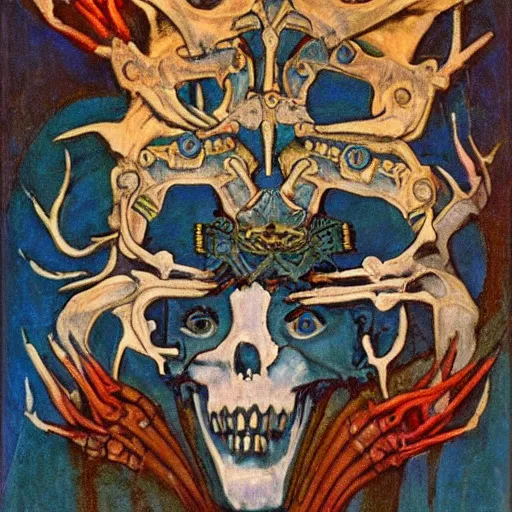 Image similar to the crown of madness and bones, by Annie Swynnerton and Nicholas Roerich and Diego Rivera, bioluminescent skin, elaborate costume, geometric ornament, symbolist, cool colors, smooth, sharp focus, extremely detailed