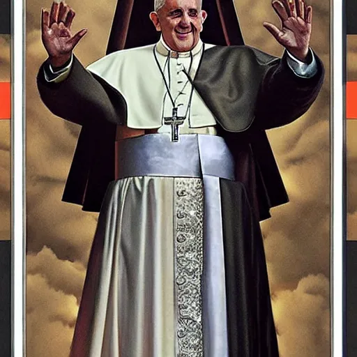 Image similar to the pope in movie avengers, by drew struzan