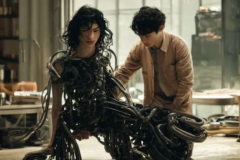 Prompt: a cinematic portrait of ezra miller fusing with a mechanical monstrosity, hyperdetailed, shinya tsukamoto, 8 k, hd, high resolution, 8 5 mm, f / 1. 8