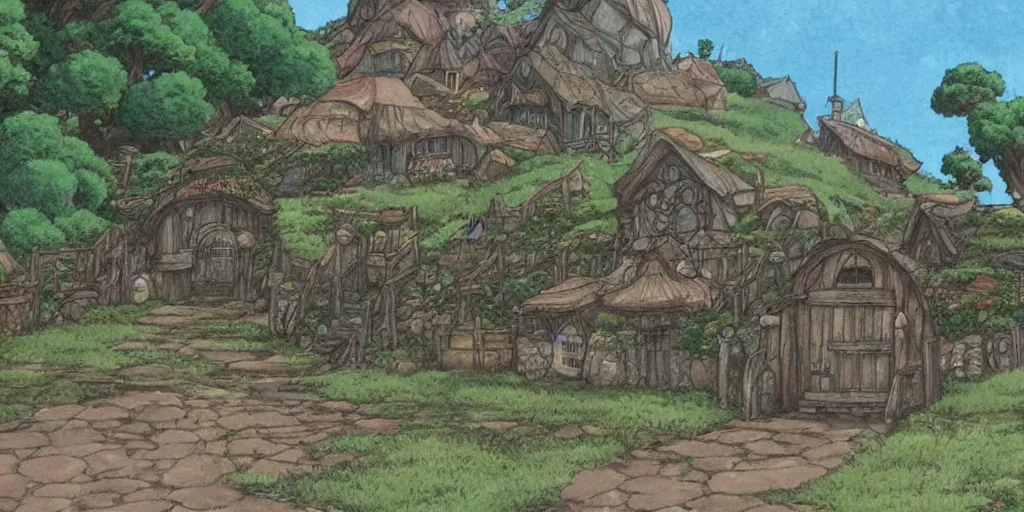 Image similar to a still of a background from spirited away of hobbiton, studio ghibli