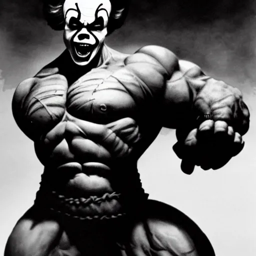 Prompt: frank frazetta the hulk as pennywise, whole body shot, 8 k, realistic, photo real, smooth, sharp, intricate detail, hyper detail, dramatic lighting, dramatic shading