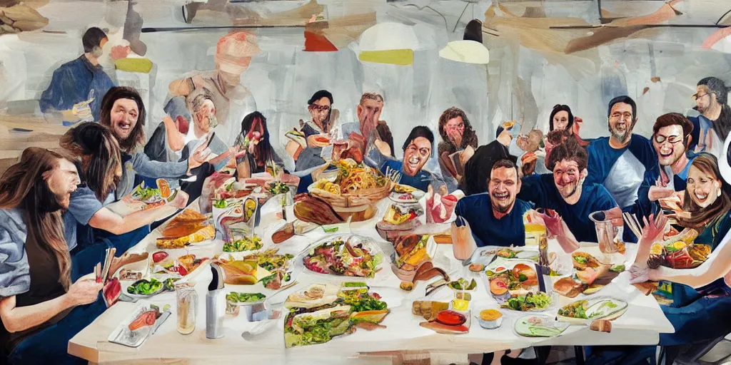 Image similar to painting of work colleagues of a design studio get together to feast on a big table with lots of food