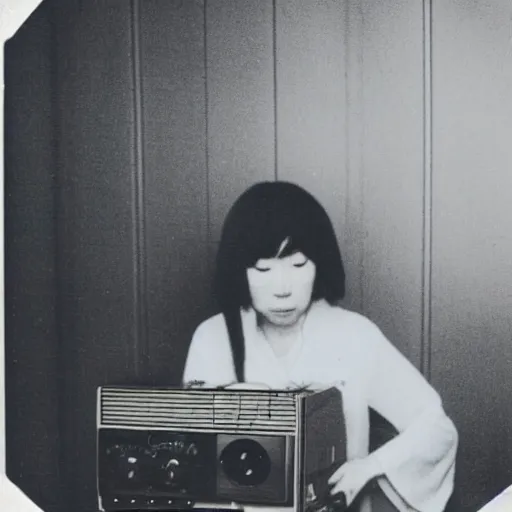 Image similar to 1 9 7 0 s polaroid of a female japanese musician playing a vintage modular synthesizer, hazy, faded