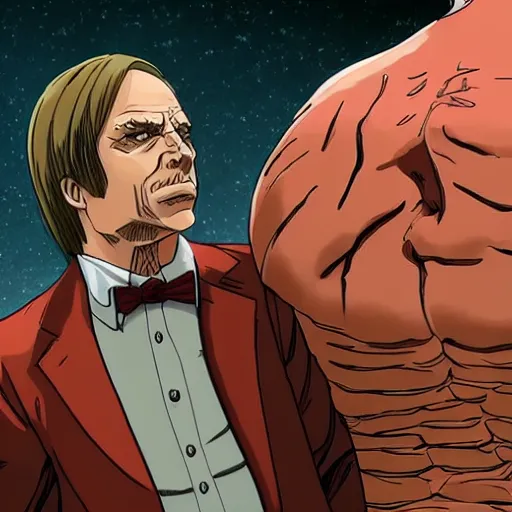 Prompt: saul goodman fighting the colossal titan in attack on titan