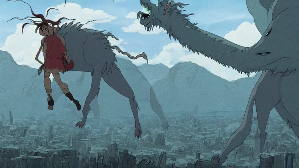 Image similar to a cell shaded cartoon movie still from princess mononoke ( 1 9 9 7 ) showing a lovecraftian monster from independence day ( 1 9 9 6 ) in the air above a city. very dull muted colors, hd, 4 k, hq