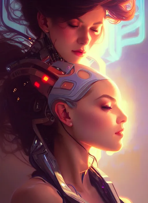 Prompt: portrait of cybertronic beautiful girl, intrigante, headshot, highly detailed, digital painting, artstation, concept art, sharp focus, cinematic lighting, illustration, art by artgerm and greg rutkowski, alphonse mucha, cgsociety