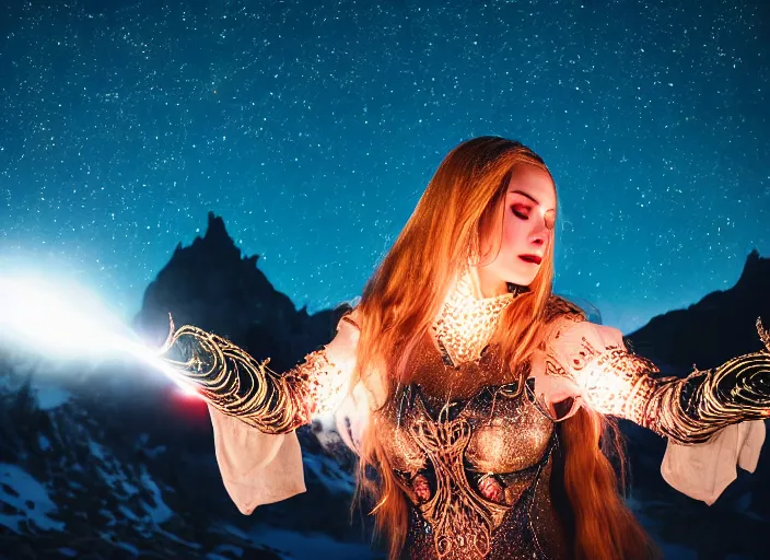 Prompt: closeup of a very good looking fantasy sorceress wearing amazing detailed clothes, shooting magical glowing flowing energy from her hands!!!! in the moonlit mountains, dramatic lighting, lens flare, 3 5 mm f 1. 2, professional photography, kodak ektar