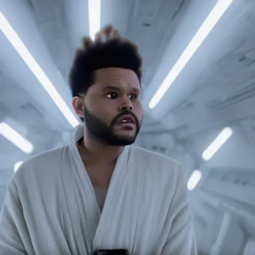 Prompt: Live Action Still of The Weeknd in Star Wars, real life, hyperrealistic, ultra realistic, realistic, highly detailed, epic, HD quality, 8k resolution, film still