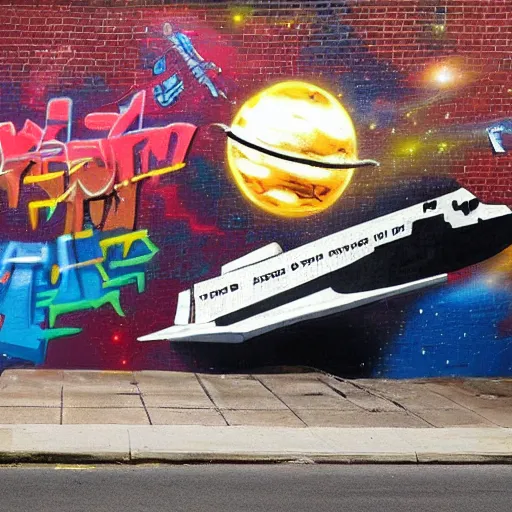 Image similar to space shuttle spray painted on brick wall, graffiti, street art,