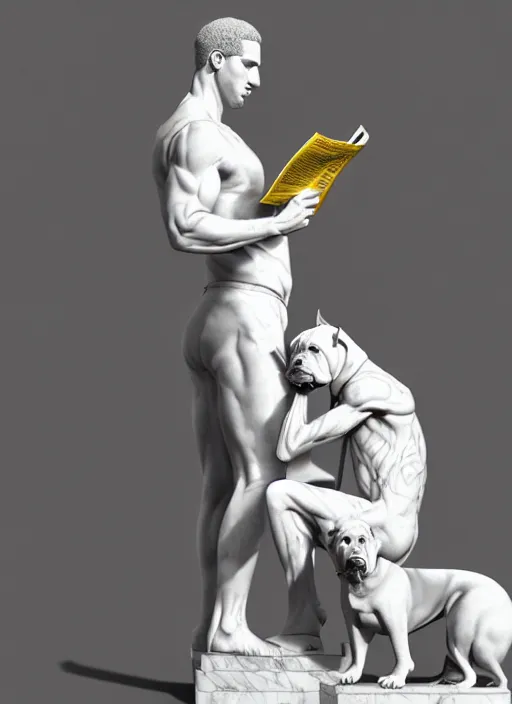 Image similar to a statue made of white marble with gold veins, of klay thompson reading the newspaper and petting his bulldog, full body shot, perfect symmetrical body, perfect symmetrical face, hyper realistic, hyper detailed, by johannen voss, by peter kemp, by monia merlo, by michelangelo, octane render, blender, 8 k