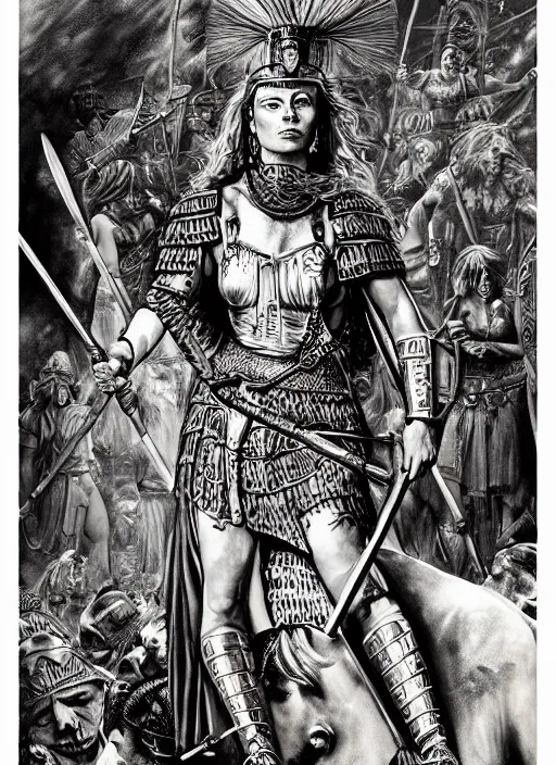 Prompt: warrior queen boudica, pulp art painting in a mixed style of mort kunstler and maxfield parrish, intricate, hyper detailed, stunning inking lines, 4 k, hd, award winning, photorealistic