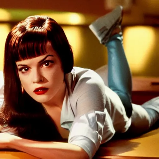 Image similar to Live Action Still of Rosalia in Pulp Fiction, real life, hyperrealistic, ultra realistic, realistic, highly detailed, HD quality, 8k resolution, film still