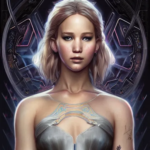 Image similar to beautiful ethereal cyberpunk jennifer lawrence, art nouveau, fantasy, intricate binary and electronic designs, elegant, highly detailed, sharp focus, art by artgerm and greg rutkowski and wlop