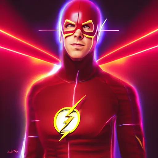 Prompt: a digital painting of michael rosenbaum dressed as the flash,,, cyberpunk art by sim sa - jeong, cgsociety, synchromism, detailed painting, glowing neon, digital illustration, perfect face, extremely fine details, realistic shaded lighting, dynamic colorful background