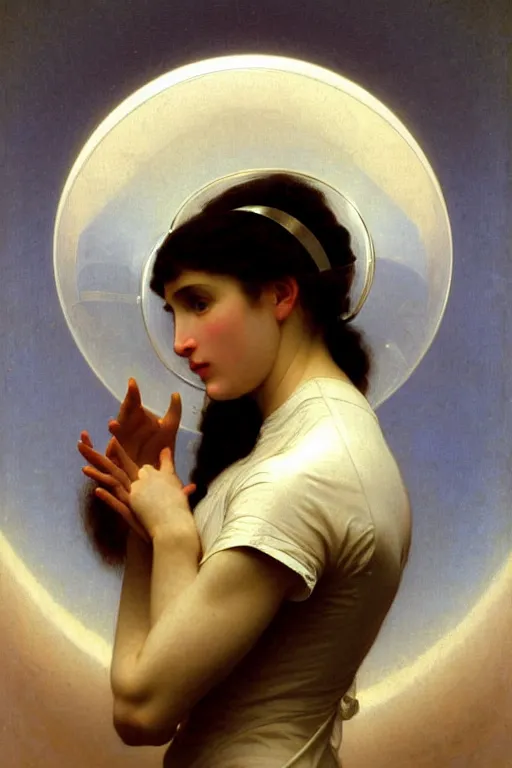 Image similar to portrait of a woman in astronaut helmet an ancient human specie, by bouguereau