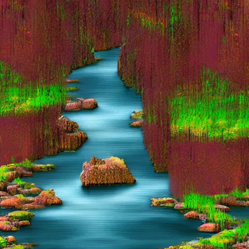 Prompt: a beautiful landscape, river, rocks, trees, glitch, glitchy, vhs, corrupted