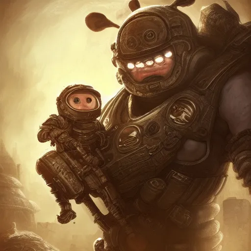 Image similar to cute Mister Bean in Gears of War cover art, ultra wide lens sho, tiny, small, short, cute and adorable, pretty, beautiful, DnD character art portrait, matte fantasy painting, eerie, DeviantArt Artstation, by Jason Felix by Steve Argyle by Tyler Jacobson by Peter Mohrbacher, cinematic lighting