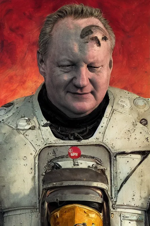 Image similar to upper body portrait of stellan skarsgård as baron harkonnen with oil running down his face wearing old leather spacesuit, detailed, sunshine, nebula space background, illustration by norman rockwell, artstation character art, john william waterhouse, concept art, greg rutkowski