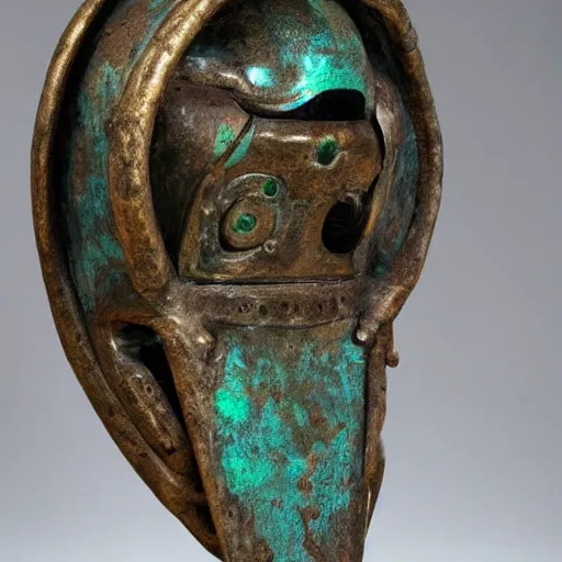 Prompt: a martian artifact in a museum with a placard, bronze, old, alien, verdigris, mechanical