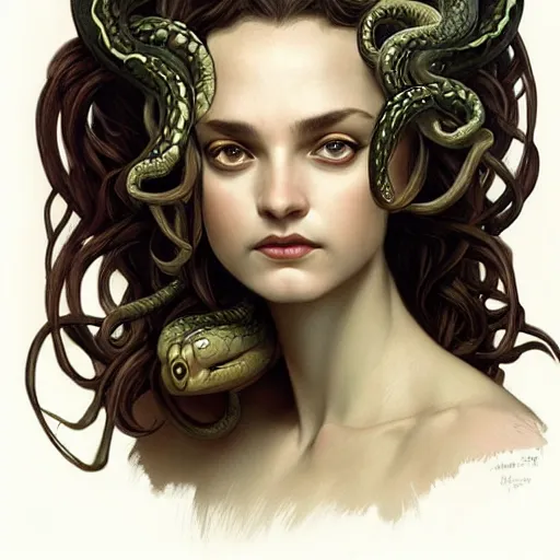 Image similar to “ daria strokous as medusa, frowning, scowl, snakes for hair, intricate, elegant, highly detailed, digital painting, artstation, concept art, smooth, sharp focus, illustration, art by artgerm and greg rutkowski and alphonse mucha ”