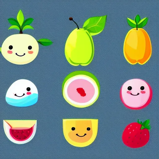 Image similar to a set of kawaii fruits isolated on white background, stylized, cartoon, cute, vector graphics, trending on pinterest, featured on artsation, high quality,