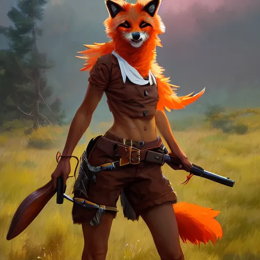 Image similar to splash art of cute feminine anthropomorphic vulpes vulpes fulva bounty huntress in the wild west, rugged clothes, motion blur, firefight, high energy action : by weta, greg rutkowski, wlop, ilya kuvshinov, rossdraws, artgerm, octane render, iridescent, bright morning, anime, liosh, mucha