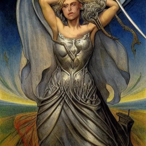 Prompt: most beautiful jeanne d'arc in the style of william blake, terese nielsen, detailed, intricate, beautiful faces, steve argyle, loss of sanity, ecclesial wolf's den pastoral fantastic reality