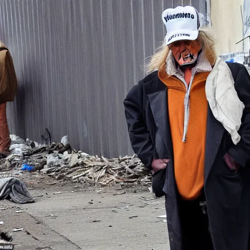 Image similar to donald trump dressed as a homeless man living in the slums