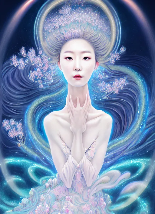 Prompt: portait of Korean Roseanne Park as a beautiful celestial pearlescent multiversal Goddess wearing a futuristic elegant Renaissance dress exposed in cryo chambers by James Jean, dreamy and ethereal theme, intricate, elegant, highly detailed, centered, digital painting, lush Japanese great wave, sakura season, Kyoto inspired, artstation, concept art, smooth, sharp focus, illustration, by Peter Mohrbacher, WLOP