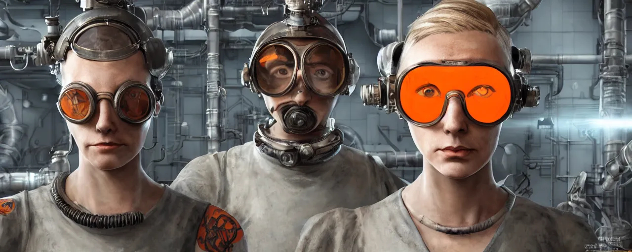 Image similar to character concept art 3 / 4 portrait of tattooed stoic heroic emotionless butch blonde woman engineer with short slicked - back hair, wearing dark victorian goggles, wearing orange bandana around neck, working inside reactor room, awkward and uncomfortable and anxious, dirty, ron cobb. industrial space program, scifi, hyper detailed. octane render. trending on artstation