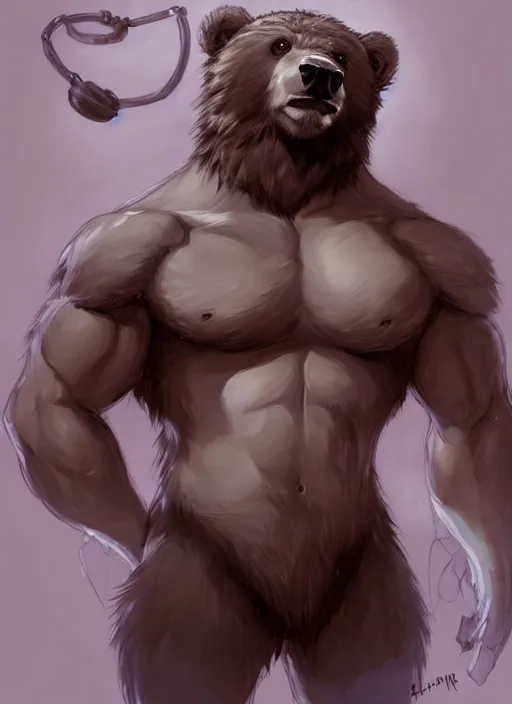 Image similar to award winning beautiful portrait commission art of a muscular male furry anthro grizzly bear fursona with a cute beautiful attractive detailed furry face wearing gym shorts and a tanktop. Character design by charlie bowater, ross tran, artgerm, and makoto shinkai, detailed, inked, western comic book art