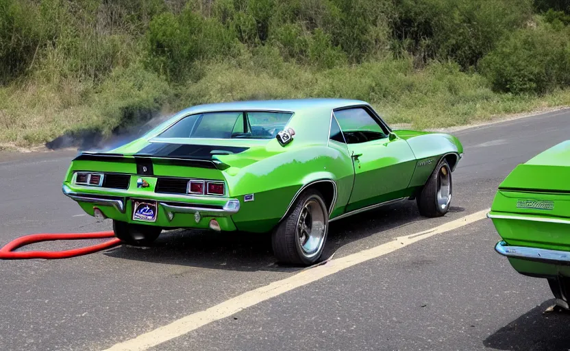 Prompt: a green 1 9 6 9 chevrolet camaro zl driving away from a fire explosion