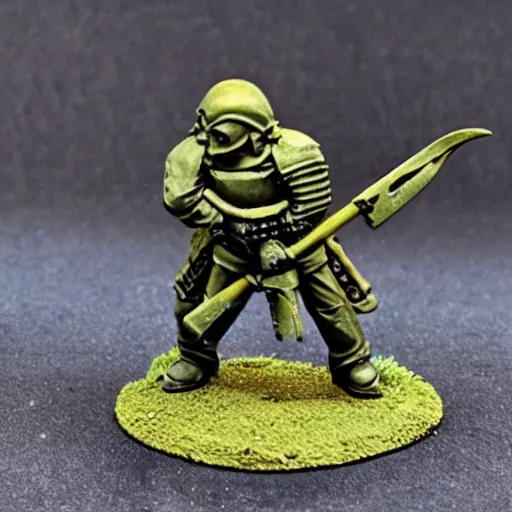 Image similar to an excited Death Korps of Kreig soldier wearing grey and wielding a shovel