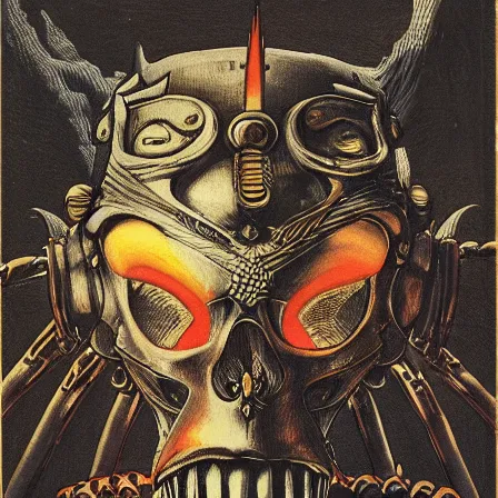 Image similar to still frame from Prometheus by Utagawa Kuniyoshi, lich king Dr doom in ornate bio cybernetic bone armour and skull mask helmet in hells bioship by Wayne Barlowe by peter Mohrbacher by Giger, dressed by Alexander McQueen and by Neri Oxman, metal couture hate couture editorial