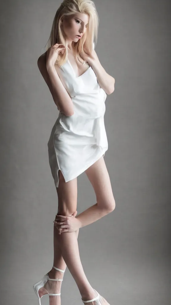 Prompt: extremely super beautiful studio photo of emily skinner, looking like annie leonhart, very beautiful slim legs, wearing sexy open toe heels and white short dress, in a white room, pale skin, bokeh, very very very very beautiful!!, hard focus, sexy dominant pose, full body shot, 9 0 mm, f / 1. 2 5