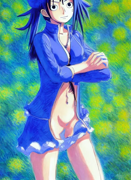 Image similar to a portrait of a female one piece character, blue outfit, very anime in impressionist style, trending artwork, anime painter studio, by claude monet
