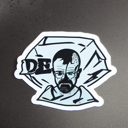 Image similar to die cut sticker, walter white breakdancing in techwear splatter paint