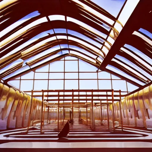 Prompt: interior of a futuristic scifi temple with gold, red and white marble panels, in the desert, by buckminster fuller and syd mead, intricate contemporary architecture, photo journalism, photography, cinematic, national geographic photoshoot