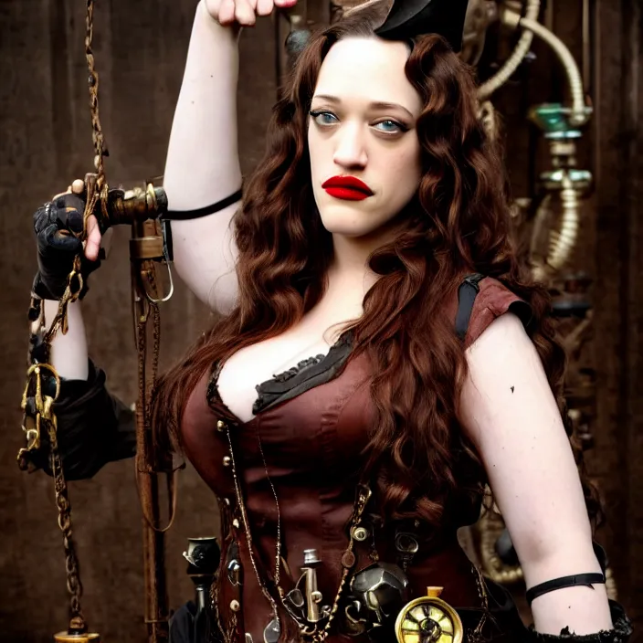 Prompt: full body photograph of kat dennings as a steampunk pirate. Extremely detailed. 8k