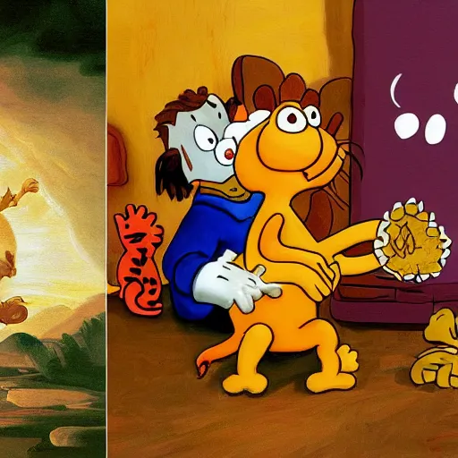 Image similar to creation of adam painting with garfield the cat and lasagna