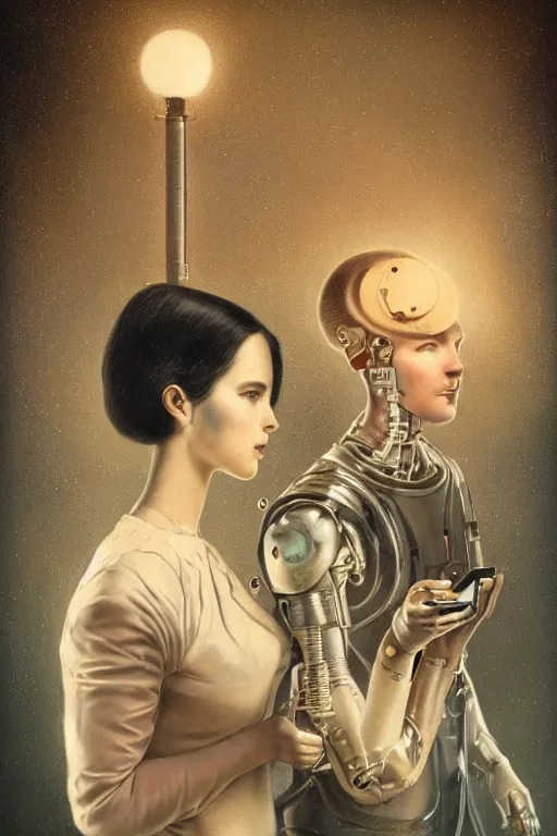 Image similar to a beautiful ultradetailed vintage photo of two cyborgs facing away from each other looking at their cellphones, by tom bagshaw and anna dittman, couples portrait, vignette, 3 5 mm lens, golden ratio composition, detailed faces, studio photography, very detailed, humanoids, industrial robots, artstation, 8 k, highly coherent