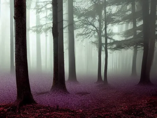 Image similar to a misty forest, futuresynth design, dark purple color scheme, 4 k