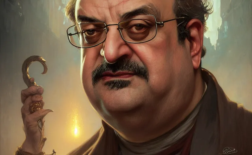 Image similar to portrait of salman rushdie, deep focus, d & d, fantasy, intricate, elegant, highly detailed, digital painting, artstation, concept art, matte, sharp focus, illustration, art by artgerm and greg rutkowski and alphonse mucha