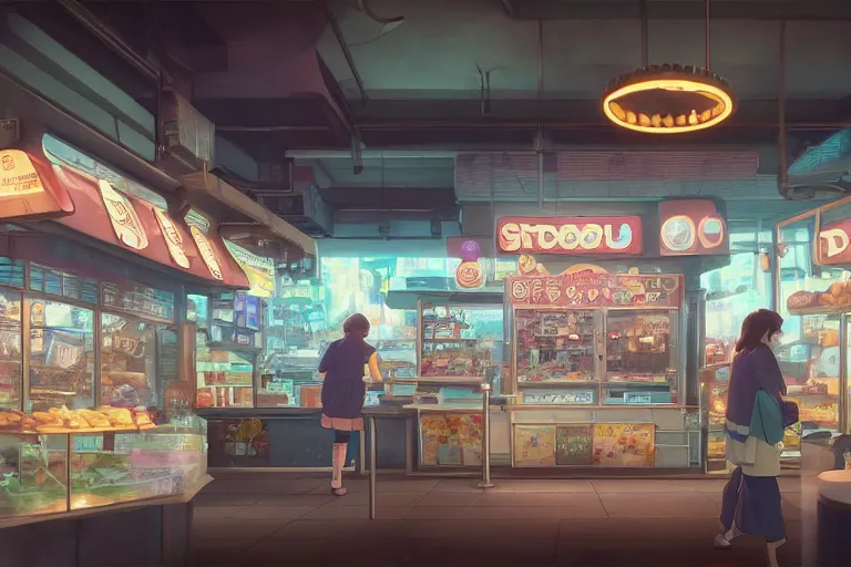 Prompt: A highly detailed matte painting of a single small donut snack bar with take away counter with sign by Studio Ghibli, Makoto Shinkai, by Artgerm, by WLOP, by Greg Rutkowski, volumetric lighting, cyberpunk, octane render, 4K resolution, trending on artstation, masterpiece