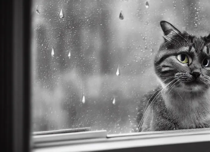 Image similar to photography of a Cat . watching outside the window while it rains. on a bed. in a room full of vinyls and posters, photorealistic, raining award winning photo, 100mm, sharp, high res