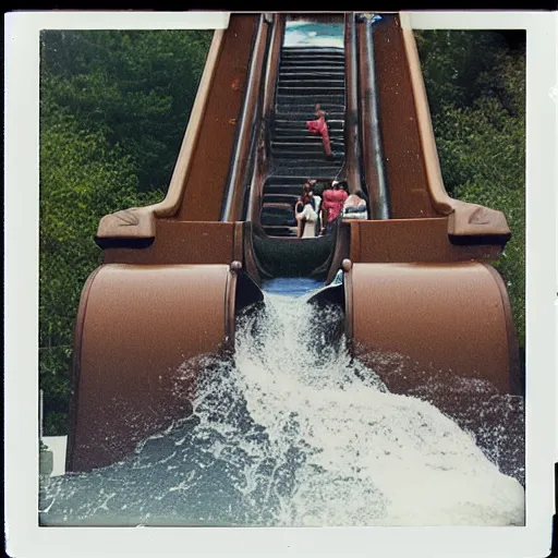 Prompt: 1 9 9 0 s vintage polaroid photograph of a log flume going down a slide making a big splash, during the day, crowd of people getting splashed with water, weathered image artifacts