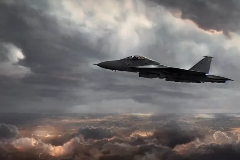 Image similar to a cinematic painting of a fighter jet, sonic boom, beautiful lighting, high depth, ultra realistic, rain, clouds, artistic, by zack snyder