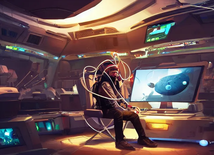 Prompt: a man sitting on a chair with things attached to his head, screens in front of him playing videos, ship interior, futuristic, scifi, concept art, surreal