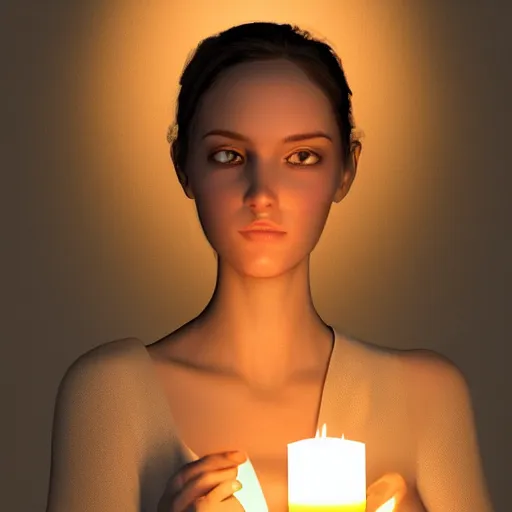 Prompt: portrait of a feminine young woman holding a lit candle, fragile, soft, vray, hyperdetailed, 3d character, game character