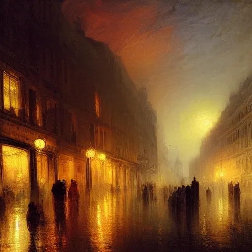 Image similar to highly detailed painting of night streets of belgrade, by william turner, by greg rutkowski, by william constable, thick brush strokes and visible paint layers, 4 k resolution